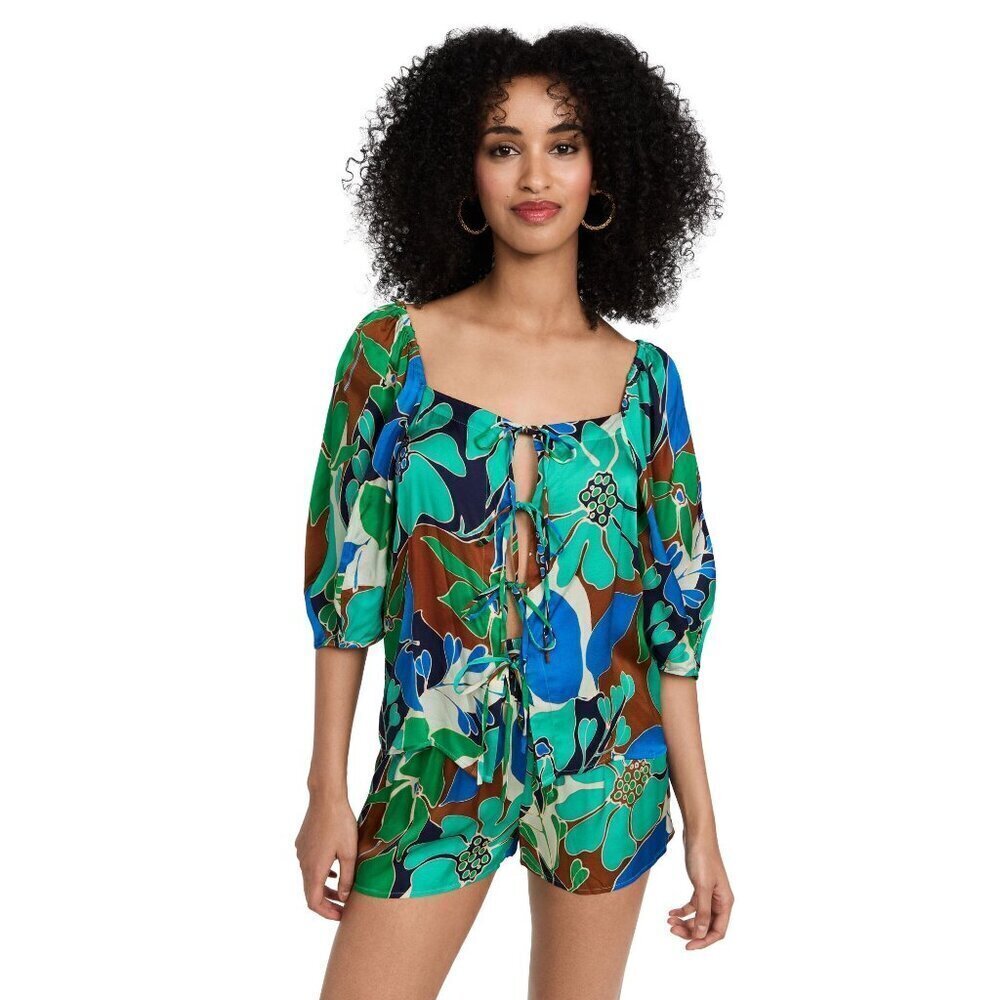 CULT GAIA Aurel Lace Up Floral Top Botanic Aqua Womens Size Medium